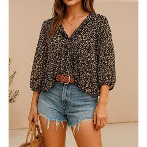 Aemi+Co Womens Black Floral Ruffled Puffy Sheer Babydoll Blouse sz S Boho Dainty